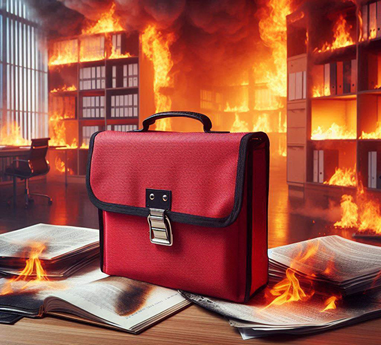 fire resistant document storage bag in a burning office